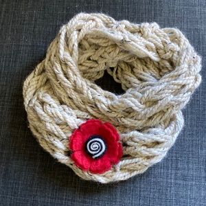 Red Wool Flower Embellished Infinity Scarf / Neck Warmer.